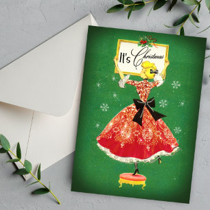 Vintage Christmas frame green red glitter girl Holiday Card