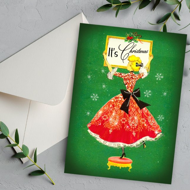 Vintage Christmas frame green red glitter girl Invitation (Creator Uploaded)