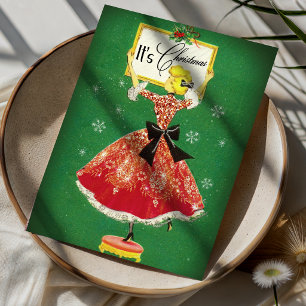 Vintage Christmas frame green red glitter girl Postcard