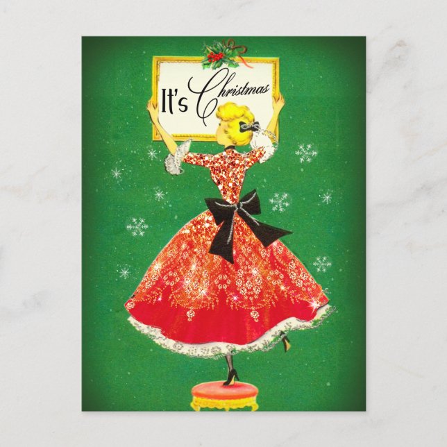 Vintage Christmas frame green red glitter girl Postcard (Front)