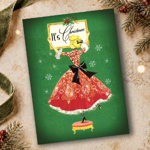 Vintage Christmas frame green red glitter girl Thank You Card