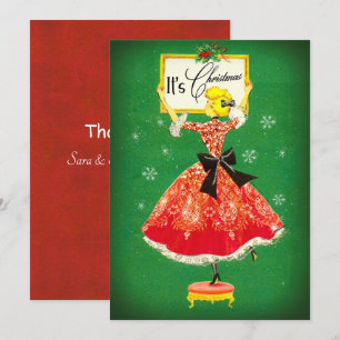 Vintage Christmas frame green red glitter girl  Thank You Card