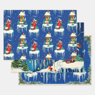 Vintage Christmas Frosty Floating Villages Wrapping Paper Sheet