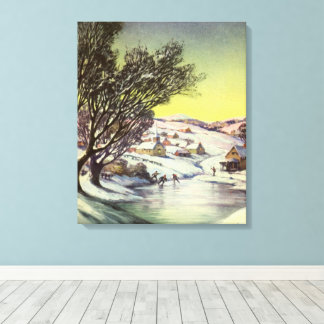 Vintage Christmas, Frozen Lake with Ice Skaters Canvas Print