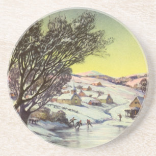 Vintage Christmas,  Frozen Lake with Ice Skaters Coaster