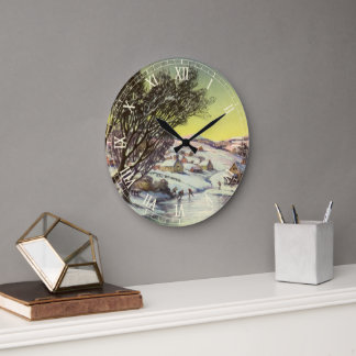 Vintage Christmas, Frozen Lake with Ice Skaters Large Clock