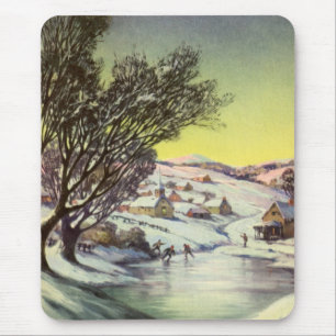 Vintage Christmas,  Frozen Lake with Ice Skaters Mouse Mat