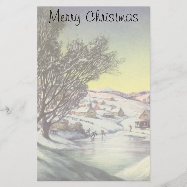 Vintage Christmas,  Frozen Lake with Ice Skaters Stationery (Front)