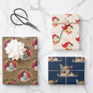 Vintage Christmas Fun Nostalgic Santa Cat Angel Wrapping Paper Sheet