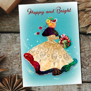 Vintage Christmas gift box gold glitter girl  Holiday Card