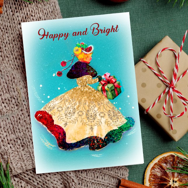 Vintage Christmas gift box gold glitter girl  Invitation (Creator Uploaded)