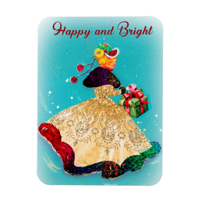 Vintage Christmas gift box gold glitter girl  Magnet (Vertical)