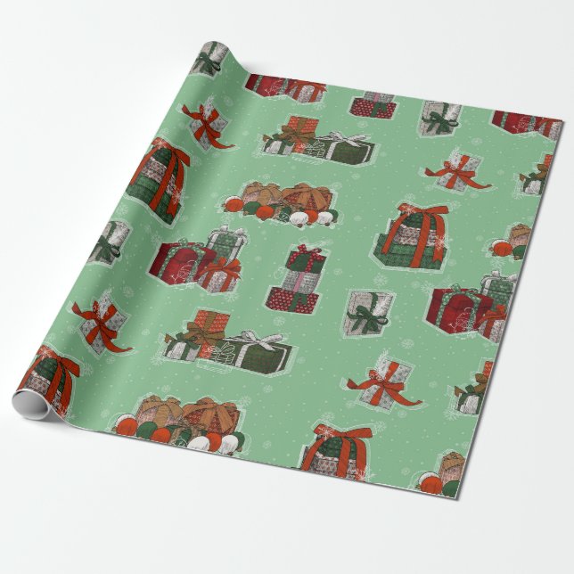 Vintage Christmas Gift Boxes Wrapping Paper (Unrolled)