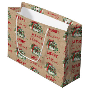 Vintage Christmas Gift Holiday Holly Berries Kraft Large Gift Bag