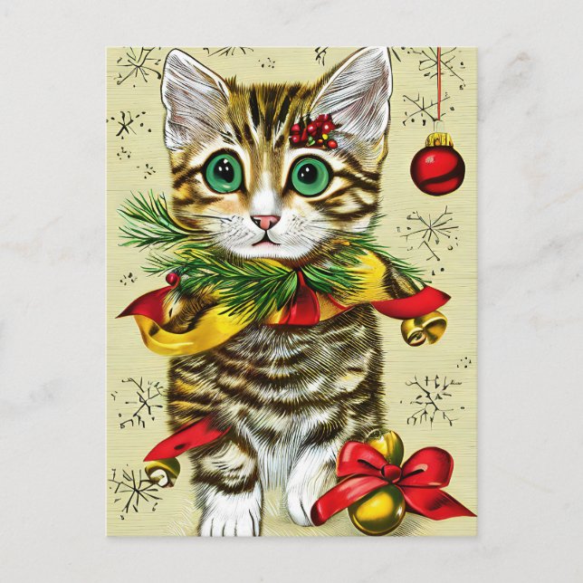 Vintage Christmas Ginger Cat and Bauble  Holiday Postcard (Front)