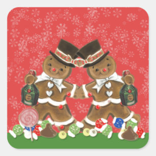 Vintage Christmas Gingerbread Men Hats & Bottlle Square Sticker