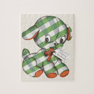 Vintage Christmas Gingham Puppy Dog Stuffed Animal Jigsaw Puzzle