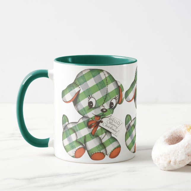 Vintage Christmas Gingham Puppy Dog Stuffed Animal Mug (With Donut)