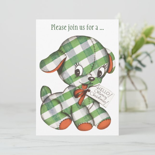 Vintage Christmas Gingham Puppy Party Invitation (Standing Front)