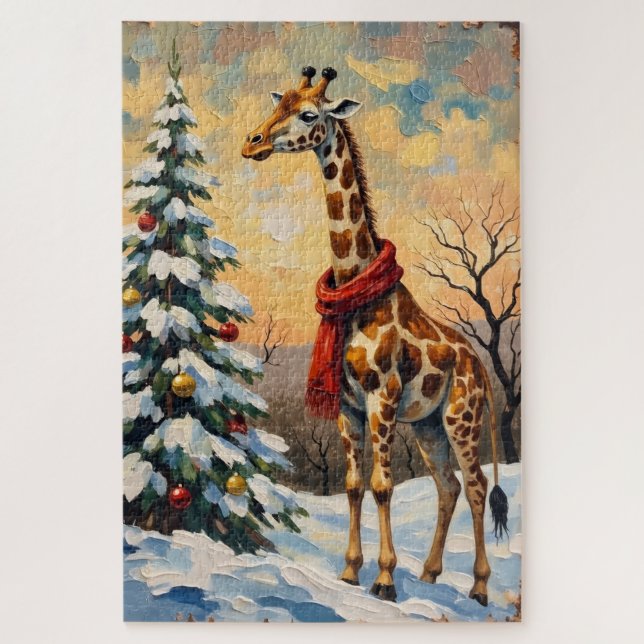 Vintage Christmas Giraffe in Snowy Savanna Jigsaw Puzzle (Vertical)