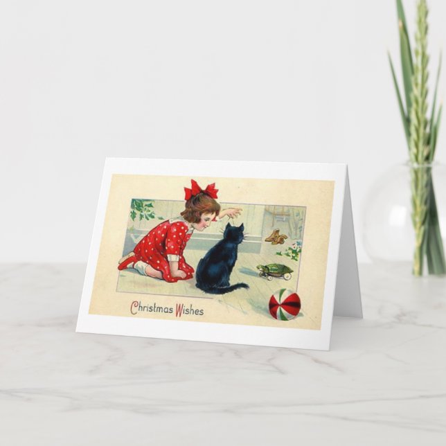 Vintage Christmas Girl and Black Cat Greeting Card (Front)