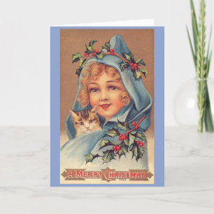 Vintage Christmas - Girl and Her Kitten, Holiday Card