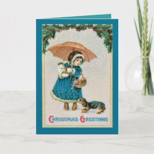 Vintage Christmas Girl and Pets Card