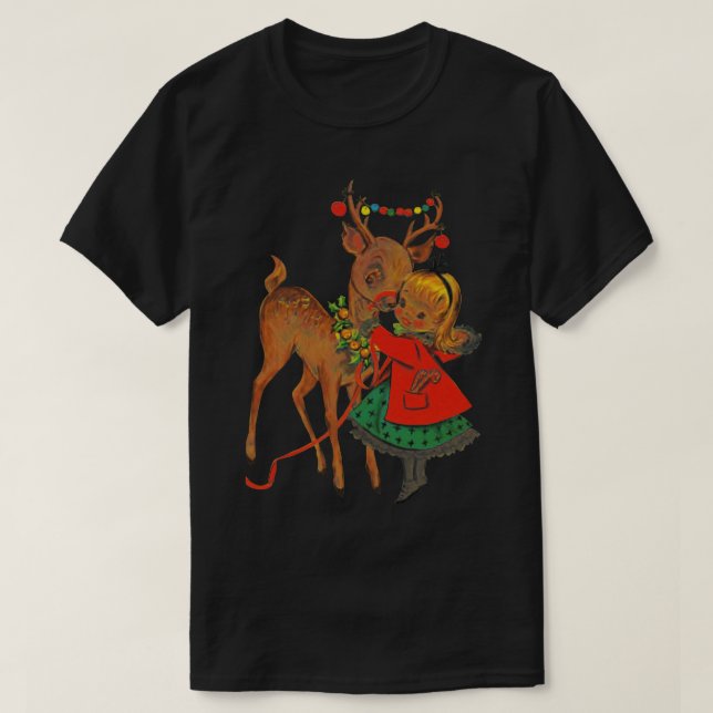 Vintage Christmas Girl and Reindeer T-Shirt (Design Front)