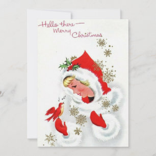 Vintage Christmas Girl and Sing Bird Holiday Card