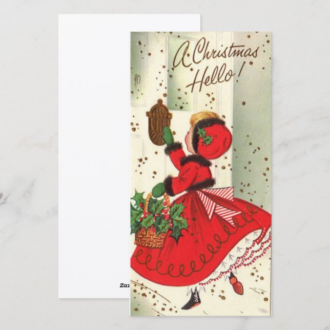 Vintage Christmas Girl At Doorstep Holiday Card (Front/Back)
