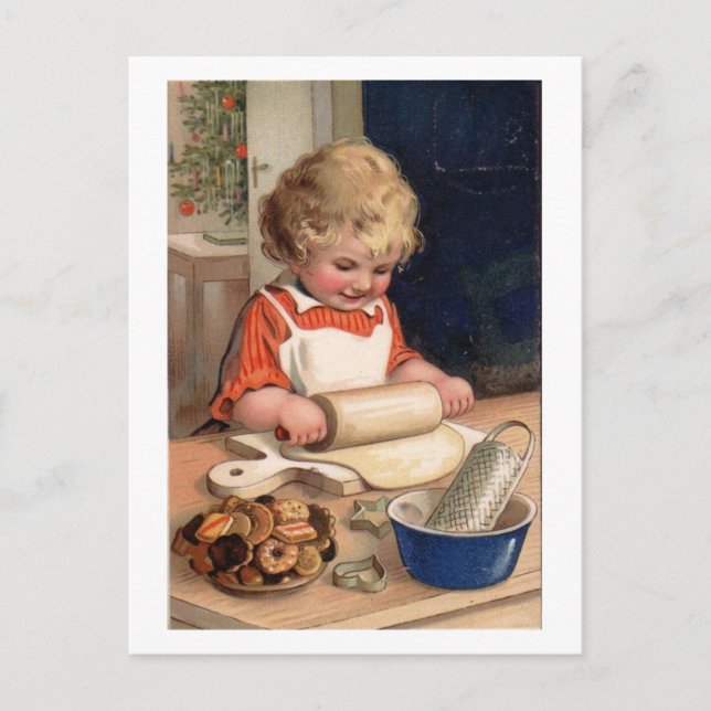 Vintage Christmas - Girl Baking Cookies Holiday Postcard (Front)