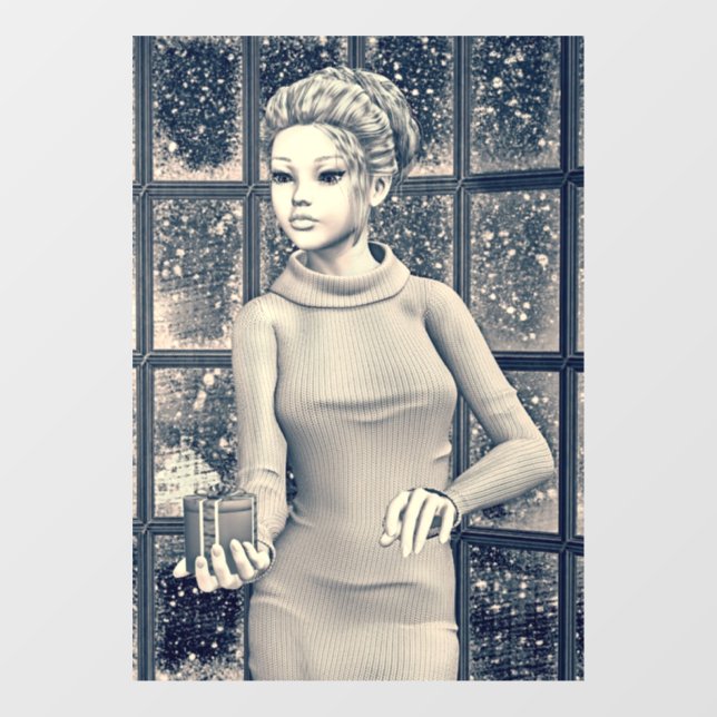 Vintage Christmas Girl - Beautiful Holiday Present Window Cling (Sheet)