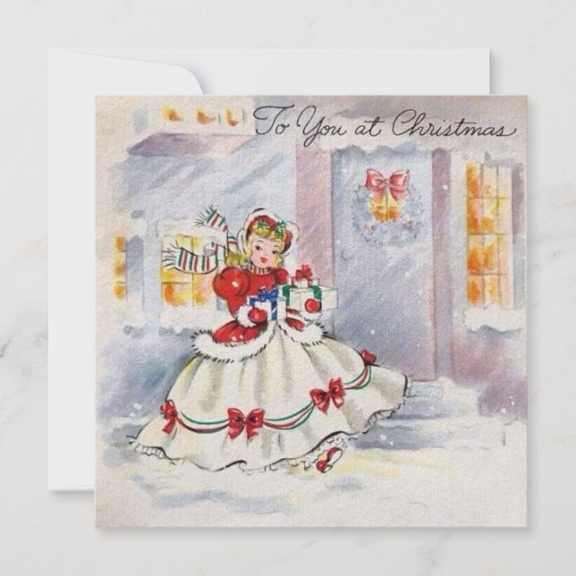 Vintage Christmas Girl Bringing Presents Holiday Card (Front)