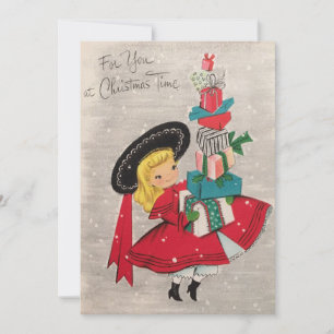 Vintage Christmas Girl Brings Gifts Holiday Card