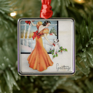 Vintage Christmas Girl By A Window With Her Dog Metal Tree Decoration