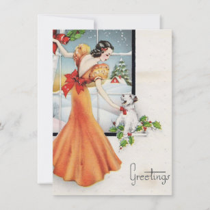 Vintage Christmas Girl By Window With Dog Holiday Card