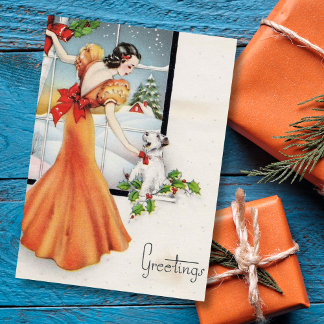 Vintage Christmas Girl By Window With Dog Holiday Card