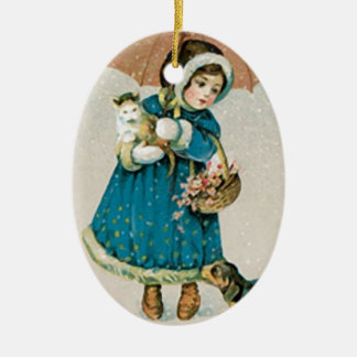 Vintage Christmas Girl Cat & Dog Ceramic Tree Decoration