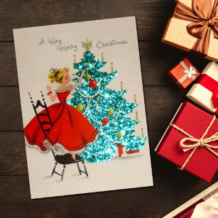 Vintage Christmas Girl Decorating Tree Holiday Card