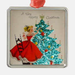 Vintage Christmas Girl Decorating Tree Metal Tree Decoration