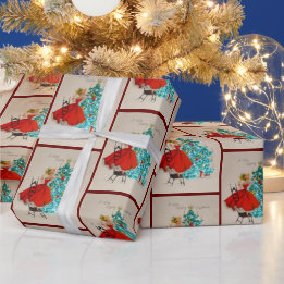 Vintage Christmas Girl Decorating Tree Wrapping Paper