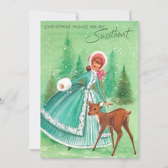 Vintage Christmas Girl Deer Sweetheart Holiday Card (Front)