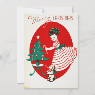 Vintage Christmas Girl & Dog With Candy Cane Holiday Card