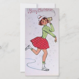 Vintage Christmas Girl Figure Skating Holiday Card