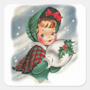 Vintage Christmas Girl Holding Holly Square Sticker