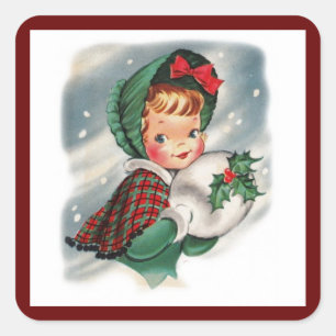 Vintage Christmas Girl Holding Holly Square Sticker