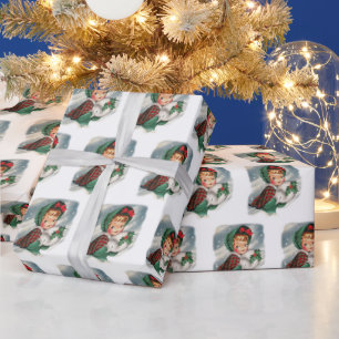 Vintage Christmas Girl Holding Holly Wrapping Paper