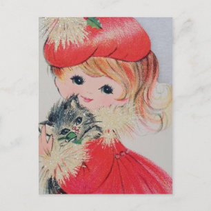 Vintage Christmas Girl Holding Kitty Holiday Postcard