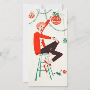 Vintage Christmas Girl Holding Ornaments Holiday C Card