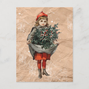 Vintage Christmas Girl & Holly Berries Distressed  Holiday Postcard